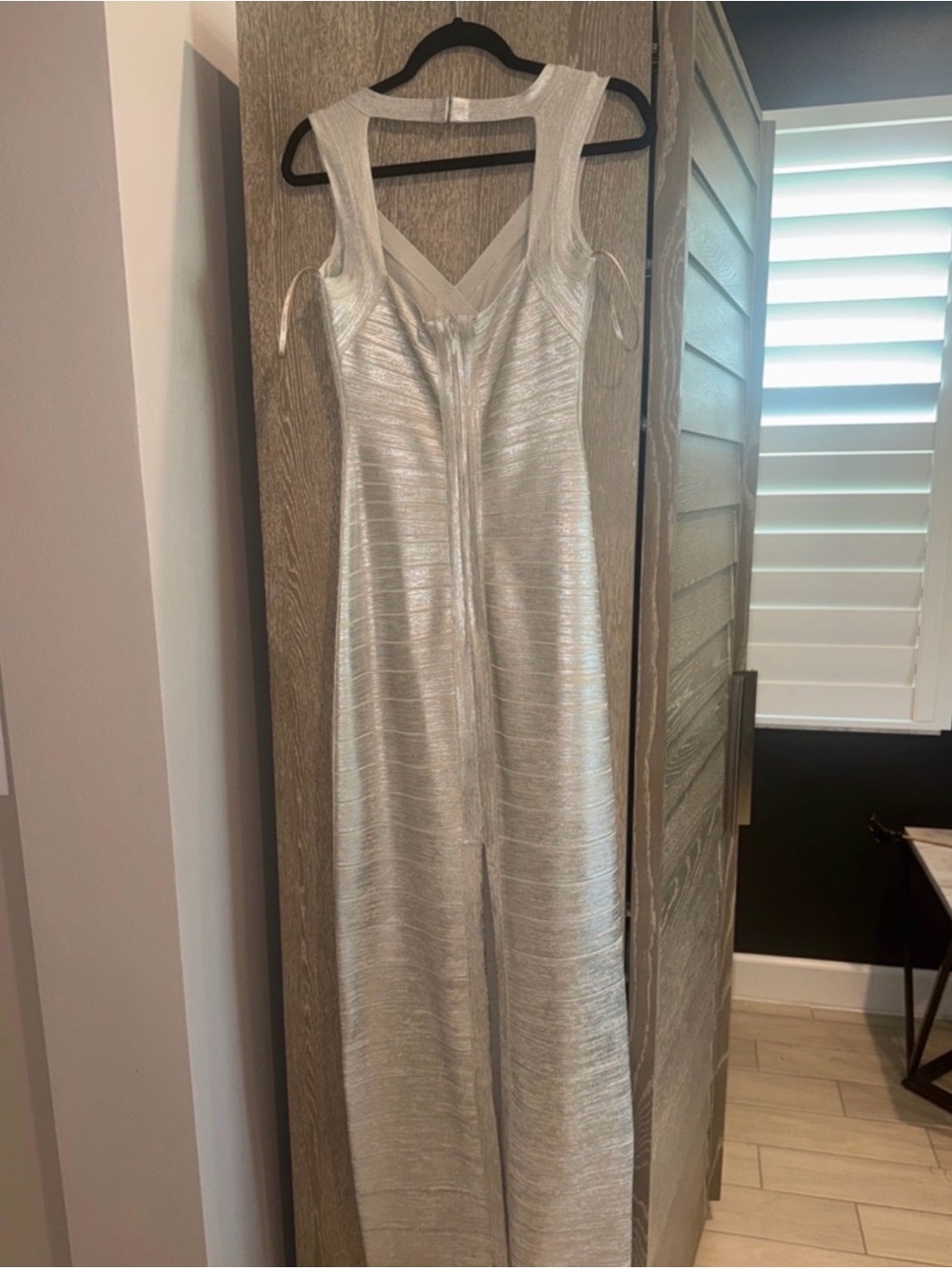 Herve Leger Metallic Silver Ruched Maxi Gown - Picture 3 of 6